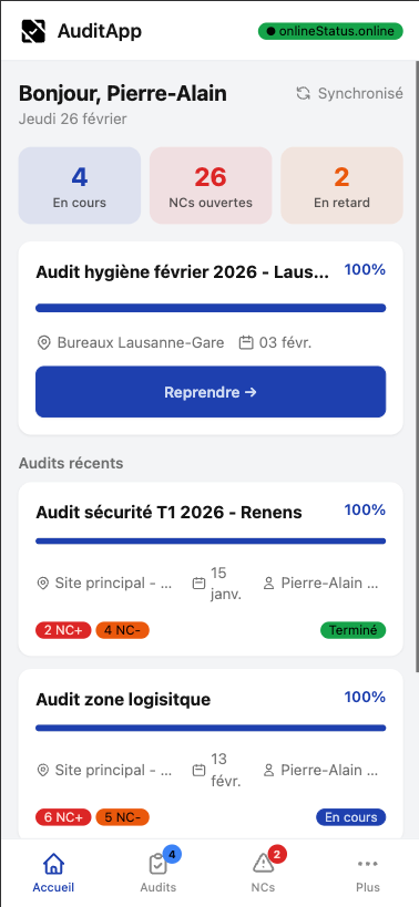 Dashboard terrain — audits en cours et NCs ouvertes